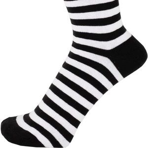 Black and white striped ankle socks correlating to Sally costume.
